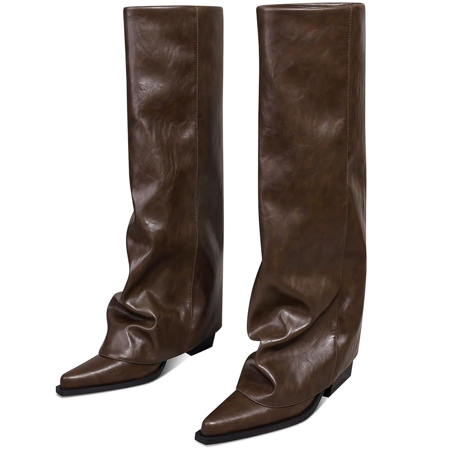 【INCHANT ME】Suede Shirring Fold Long Boots Amazon.com | Brown Fold Over Knee High Boots for Women with